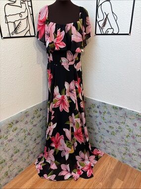 Forever Unique Black Floral Off-Shoulder Maxi Dress with Pink Lilies. Size 12.